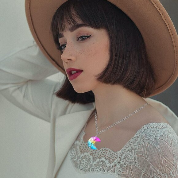 Womens Rainbow Natural Crystal Moon Crescent Tree Wire Wrapped Gemstone Necklace - Picture 3 of 8